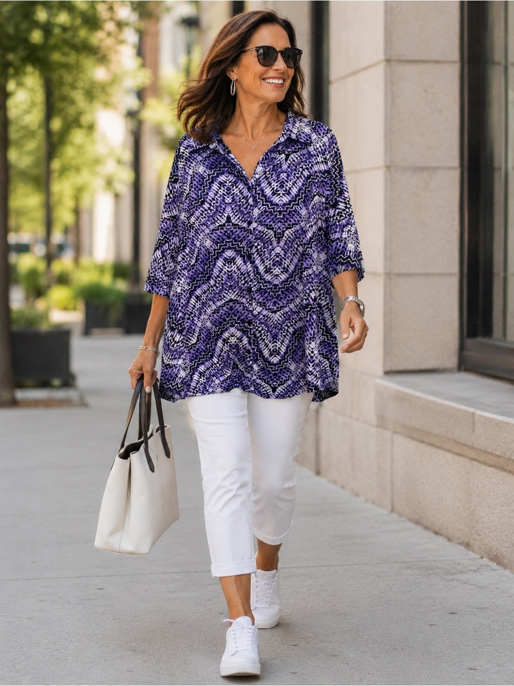 Catherines Purple Printed Button-Down Tunic Shirt
